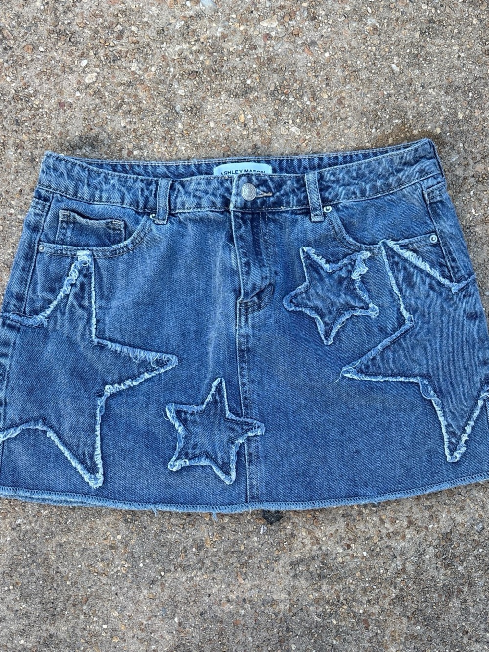 Ashley Mason Denim Mini Skirt with Frayed Star Appliqués